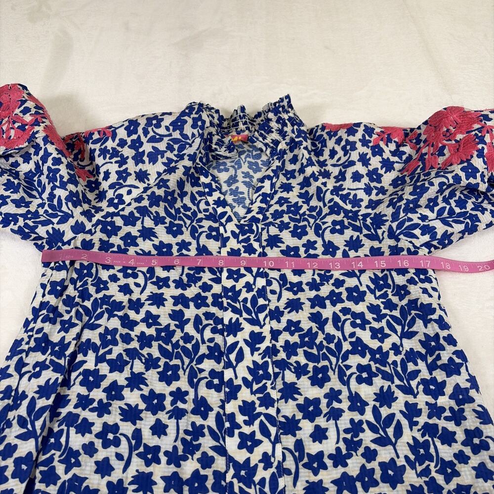 THML Top Sz XS Blue/Tan w/ Embroidered Floral Pink Puff Sleeves Smocked Neck - Picture 4 of 11